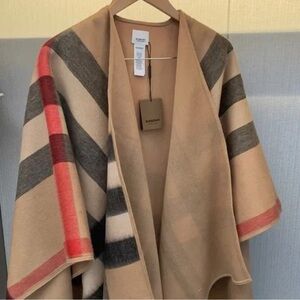 Burberry Tan and Red Striped Wool Poncho